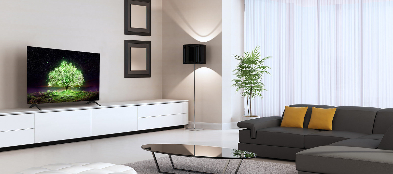 "An OLED A1 TV placed in a sensuous living room. On the TV, you can see an image of a brightly glowing green tree."