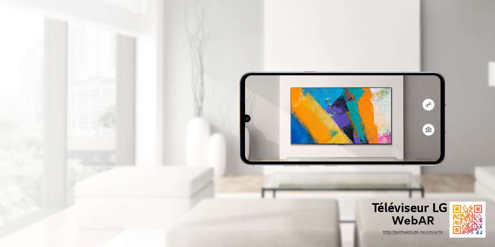 Ceci est une simulation Web AR des images du téléviseur LG OLED. Des images d’un téléphone portable se superposent dans un espace minimaliste. Il y a un code QR en bas à droite.