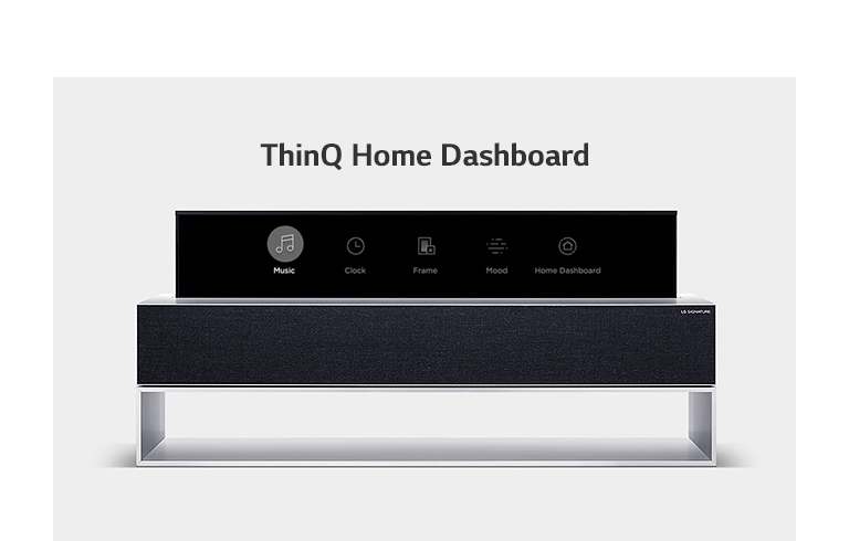 L’écran de vue en ligne du téléviseur LG SIGNATURE OLED enroulable affiche dans l’ordre le tableau de bord ThinQ Home, la musique, l’horloge, le cadre et le mode d’éclairage d’ambiance et de sons.