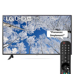 Vue avant du téléviseur UHD de LG avec image de remplissage et logo du produit