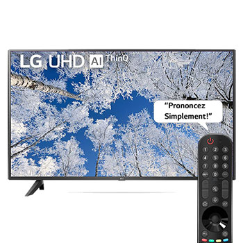 Vue avant du téléviseur UHD de LG avec image de remplissage et logo du produit