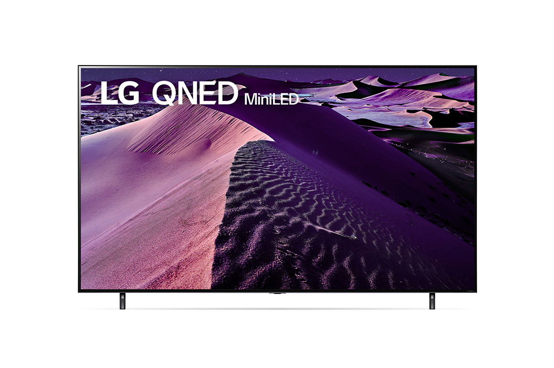 LG 75QNED856QA, Vue avant du téléviseur QNED de LG avec image de remplissage et logo du produit, 75QNED856QA