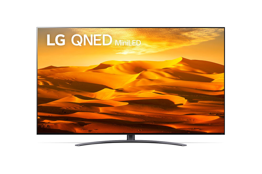 LG 86QNED916QA, Vue avant du téléviseur QNED de LG avec image de remplissage et logo du produit, 86QNED916QA