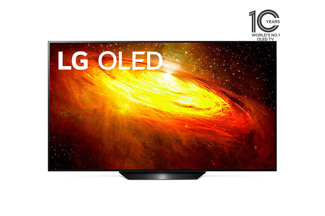 LG Téléviseur LG OLED de 55 pouces de la série BX, doté d’un design Écran de cinéma, HDR 4K, de la plateforme WebOS Smart et de la technologie AI ThinQ Pixel Dimming, Vue avant du téléviseur UHD de LG avec image de remplissage et logo du produit, OLED55BXPVA