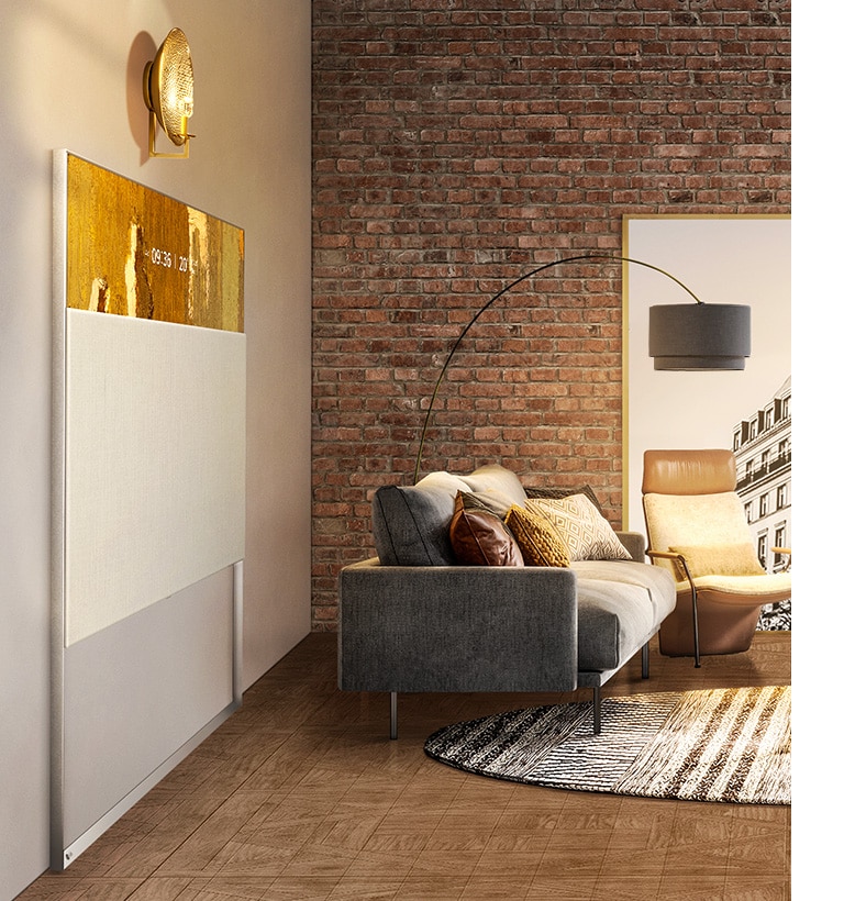 Le EASEL vu de côté, collé au mur, se fondant avec la décoration du salon.