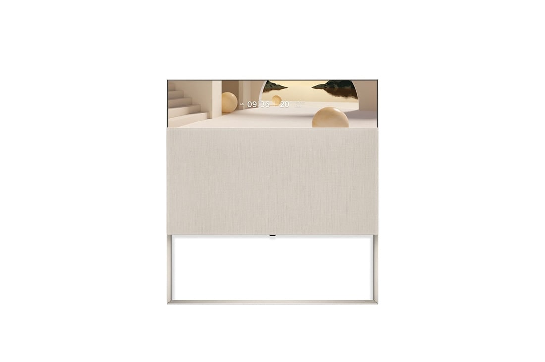 LG TV LG OLED Easel | 2022 | 65'' (164 cm) | Object Collection | Processeur α9 Gen5 AI 4K, Easel seen from the front in Line View, displaying Clock Mode with a beige architectural theme., 65ART90E6QA, thumbnail 0