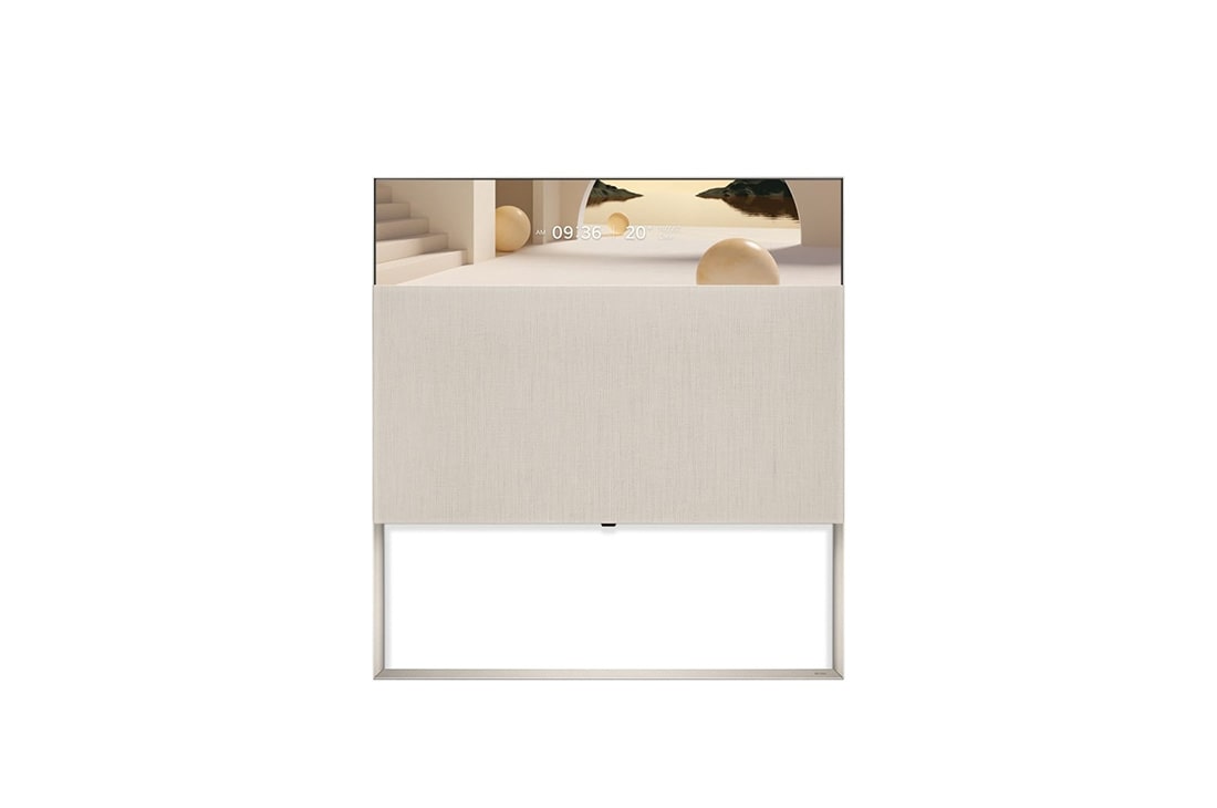 LG TV LG OLED Easel | 2022 | 65'' (164 cm) | Object Collection | Processeur α9 Gen5 AI 4K, Easel seen from the front in Line View, displaying Clock Mode with a beige architectural theme., 65ART90E6QA