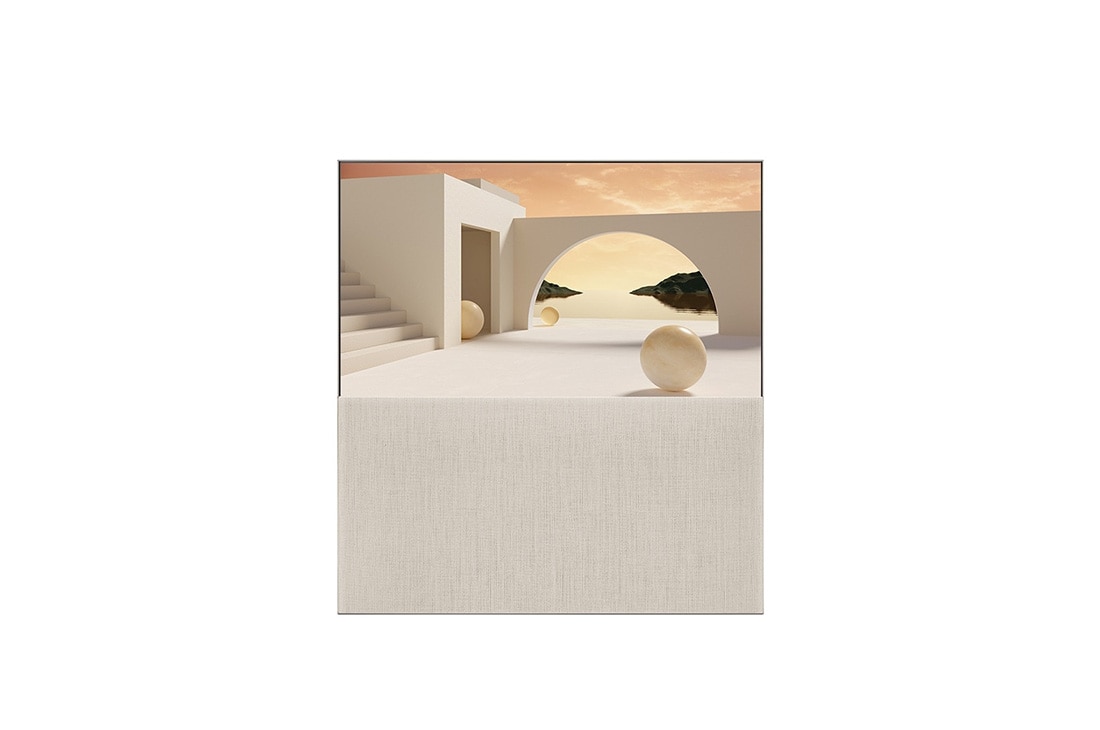 LG TV LG OLED Easel | 2022 | 65'' (164 cm) | Object Collection | Processeur α9 Gen5 AI 4K, Easel seen from the front in Full View, with an image of beige-coloured architecture on-screen., 65ART90E6QA, thumbnail 6