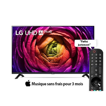 Vue de face du téléviseur LG UHD avec télécommande