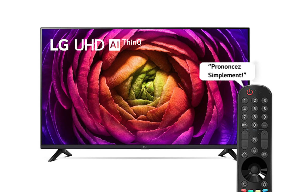 LG UHD UR73 65'' 4K Smart TV 2023, Vue de face du téléviseur LG UHD avec télécommande, 65UR73006LA