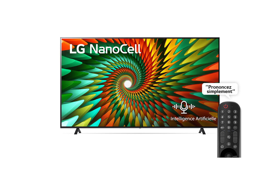 LG, Nanocell TV, série NANO77R 65 pouces, WebOS Smart AI ThinQ, Télécommande magic, Image Pro AI, Son Pro AI (canal 5.1.2), 2023 Nouveau, Vue avant du téléviseur NanoCell de LG, 65NANO776RA