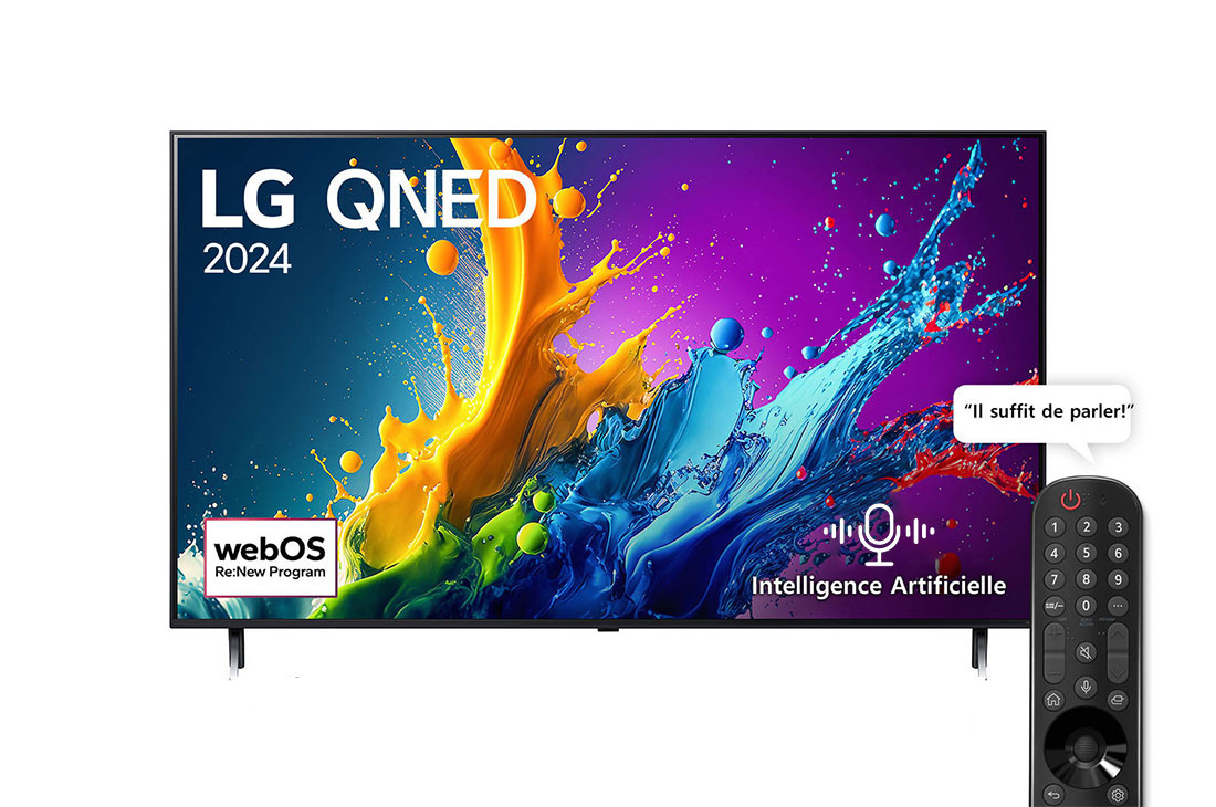 LG Smart TV  LG QNED QNED80 4K, 86 pouces, Télécommande Magique IA HDR10 webOS24 2024, Vue avant d’un téléviseur LG QNED, QNED80 avec le texte LG QNED, 2024 et le logo webOS Re:New Program à l’écran, 86QNED80T6B