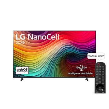 Vue avant d’un téléviseur LG NanoCell, NANO80 avec le texte LG NanoCell, 2024 et le logo webOS Re:New Program à l’écran1