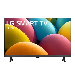 Vue avant du téléviseur LG HD, LR60 avec le texte de LG SMART TV et 2024 sur l’écran avec un support à 2 pôles2