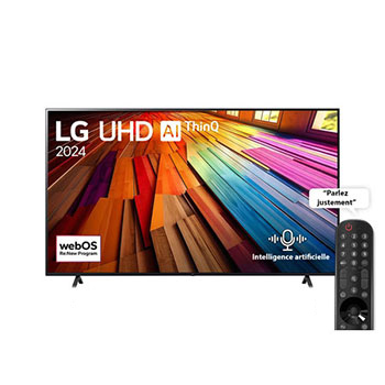 Vue avant d’un téléviseur LG UHD, UT80 avec le texte LG UHD AI ThinQ, 2024 et le logo webOS Re:New Program à l’écran1