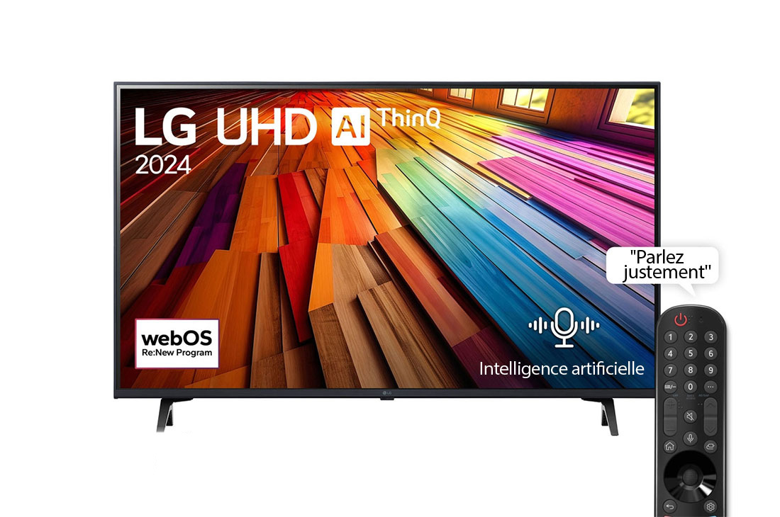LG Smart TV  LG UHD UT80 4K, 43 pouces, Télécommande Magique IA HDR10 webOS24 2024, Vue avant d’un téléviseur LG UHD, UT80 avec le texte LG UHD AI ThinQ, 2024 et le logo webOS Re:New Program à l’écran, 43UT80006LA