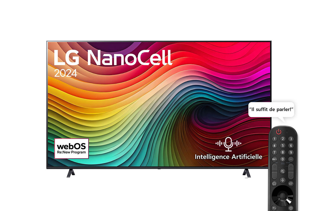 LG Smart TV  LG NanoCell NANO80 4K, 86 pouces, Télécommande Magique IA HDR10 webOS24 2024, Vue avant d’un téléviseur LG NanoCell, NANO80 avec le texte LG NanoCell, 2024 et le logo webOS Re:New Program à l’écran, 86NANO80T6A