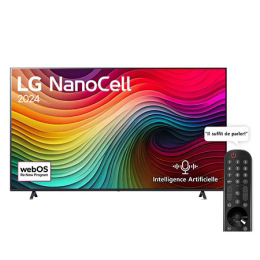 Vue avant d’un téléviseur LG NanoCell, NANO80 avec le texte LG NanoCell, 2024 et le logo webOS Re:New Program à l’écran2