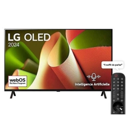 Vue de face avec LG OLED TV, OLED B4, emblème « 11 Years of world number 1 OLED » (TV OLED numéro 1 mondial depuis 11 ans) et logo du programme webOS:New à l’écran avec support à deux pôles2
