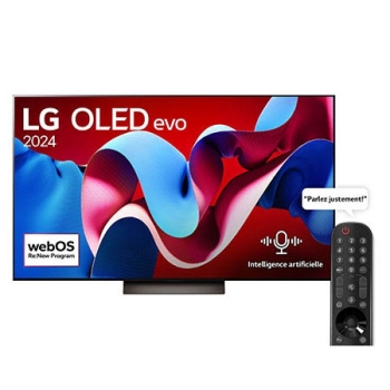 Vue de face avec LG OLED evo TV, OLED C4, emblème « 11 Years of world number 1 OLED » (TV OLED numéro 1 mondial depuis 11 ans) et logo du programme webOS:New à l’écran ainsi que la barre de son LG en 1