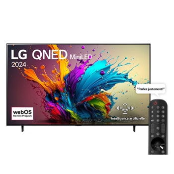 Front view of LG QNED TV, QNED90 with text of LG QNED MiniLED, 2024, and webOS Re:New Program logo on screen1