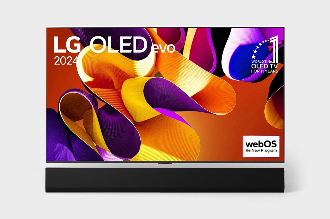 LG Smart TV  LG OLED evo G4 4K, 77 pouces, Télécommande Magique IA Dolby Vision webOS24 2024, Vue de face avec LG OLED evo TV, OLED G4, emblème « 11 Years of world number 1 OLED » (TV OLED numéro 1 mondial depuis 11 ans) et logo de la garantie de 5 ans sur l'écran ainsi que la barre de son LG , OLED77G46LA, thumbnail 2