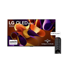 Vue de face avec LG OLED evo TV, OLED G4, emblème « 11 Years of world number 1 OLED » (TV OLED numéro 1 mondial depuis 11 ans) et logo de la garantie de 5 ans sur l'écran ainsi que la barre de son LG 2