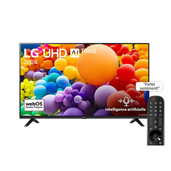 Vue avant d’un téléviseur LG UHD, UT73 avec le texte LG UHD AI ThinQ, 2024 et le logo webOS Re:New Program à l’écran1