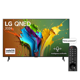 Vue avant d’un téléviseur LG QNED, QNED89 avec le texte LG QNED, 2024 et le logo webOS Re:New Program à l’écran2