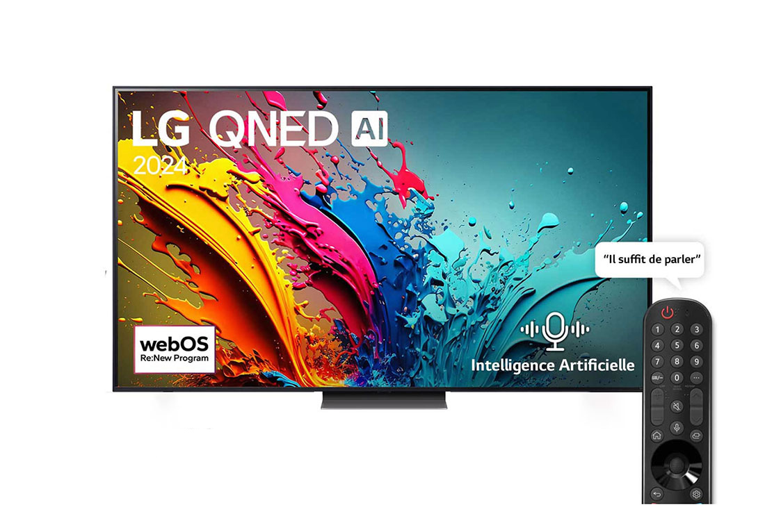 LG Smart TV  LG QNED QNED86 4K, 75 pouces, Télécommande Magique IA HDR10 webOS24 2024, Vue avant d’un téléviseur LG QNED, QNED85 avec le texte LG QNED, 2024 et le logo webOS Re:New Program à l’écran, 75QNED86T6A