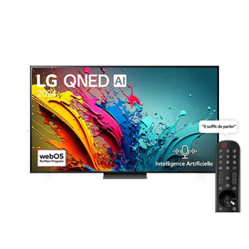 Vue avant d’un téléviseur LG QNED, QNED85 avec le texte LG QNED, 2024 et le logo webOS Re:New Program à l’écran1