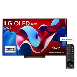 Vue de face avec LG OLED evo TV, OLED C4, emblème « 11 Years of world number 1 OLED » (TV OLED numéro 1 mondial depuis 11 ans) et logo du programme webOS:New à l’écran ainsi que la barre de son LG en 2