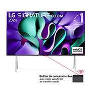 LG Véritable téléviseur OLED LG SIGNATURE M4 97 pouces sans fil avec transfert audio et vidéo 4K 120 Hz , Vue de face avec le téléviseur LG OLED M4 sur son support et le boîtier Zero Connect en dessous, l'emblème de 11 ans de numéro 1 mondial OLED, le logo du programme webOS Re:New et le logo de la garant, OLED97M46LA, thumbnail 1