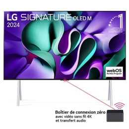 Vue de face avec le téléviseur LG OLED M4 sur son support et le boîtier Zero Connect en dessous, l'emblème de 11 ans de numéro 1 mondial OLED, le logo du programme webOS Re:New et le logo de la garant2