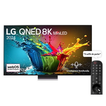 Front view of LG QNED TV, QNED90 with text of LG QNED MiniLED, 2024, and webOS Re:New Program logo on screen1