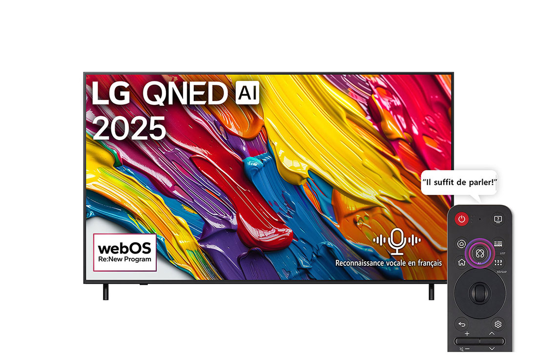 LG Smart TV LG QNED AI QNED82 4K 65 pouces Télécommande AI Magic Remote HDR10 webOS25 2025 , Front view of LG QNED82 TV, LG QNED Al Logo on the top corner. LG QNED82 TV depicts colorful paintike textures coming together., 65QNED82A6A