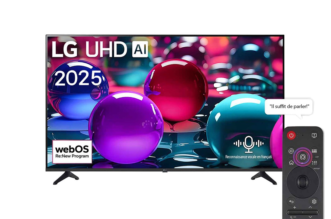 LG Smart TV LG UHD AI UA73 4K 65 pouces Télécommande AI Magic Remote prête à l’utilisation HDR10 webOS25 2025, Vue avant d’une TV UHD UA73, logo LG UHD Al dans le coin supérieur. La LG UHD TV représente des textures colorées semblables à de la peinture, réunies., 65UA73006LA