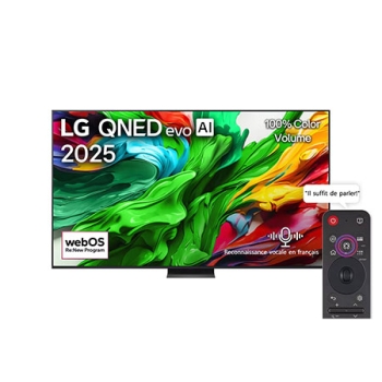 Vue avant de la TV LG QNED evo QNED92, logo LG QNED evo Al, dans le coin supérieur. La TV LG QNED evo QNED92 représente des textures colorées semblables à de la peinture, réunies.1