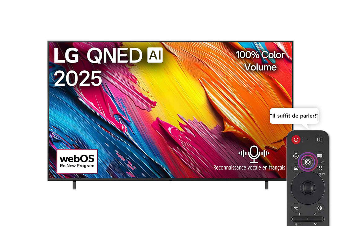 LG Smart TV LG QNED AI QNED70 4K 86 pouces Télécommande AI Magic Remote HDR10 webOS25 2025 , Front view of LG QNED70 TV, LG QNED Al Logo on the top corner. LG QNED TV depicts colorful paintike textures coming together., 86QNED70A6A