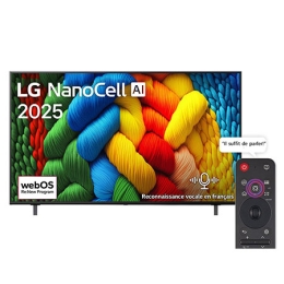 Vue avant de la TV NanoCell, logo LG NanoCell Al dans le coin supérieur. La TV LG NanoCell NANO80 représente des textures colorées semblables à de la peinture, réunies.