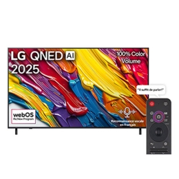 Front view of LG QNED82 TV, LG QNED Al Logo on the top corner. LG QNED82 TV depicts colorful paintike textures coming together.2