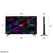 LG Smart TV LG UHD AI UA73 4K 55 pouces Télécommande AI Magic Remote prête à l’utilisation HDR10 webOS25 2025 , Vue avant et latérale de la Smart TV LG UHD AI UA73 4K montrant ses dimensions de longueur, largeur, hauteur et profondeur., 55UA73006LA, thumbnail 4