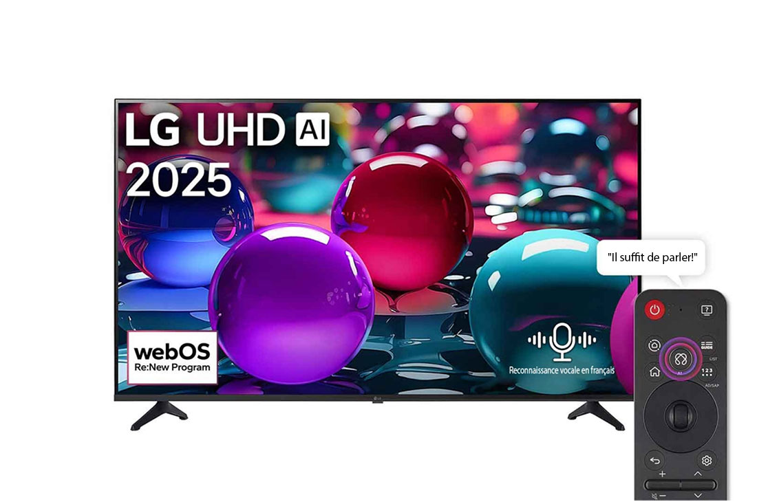 LG Smart TV LG UHD AI UA73 4K 55 pouces Télécommande AI Magic Remote prête à l’utilisation HDR10 webOS25 2025 , Vue avant d’une TV UHD UA73, logo LG UHD Al dans le coin supérieur. La LG UHD TV représente des textures colorées semblables à de la peinture, réunies., 50UA73006LA