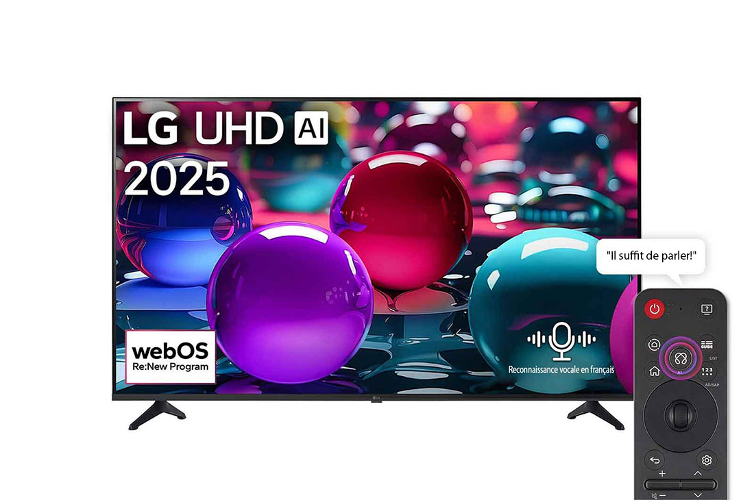 LG Smart TV LG UHD AI UA73 4K 43 pouces Télécommande AI Magic Remote prête à l’utilisation HDR10 webOS25 2025 , Vue avant d’une TV UHD UA73, logo LG UHD Al dans le coin supérieur. La LG UHD TV représente des textures colorées semblables à de la peinture, réunies., 43UA73006LA