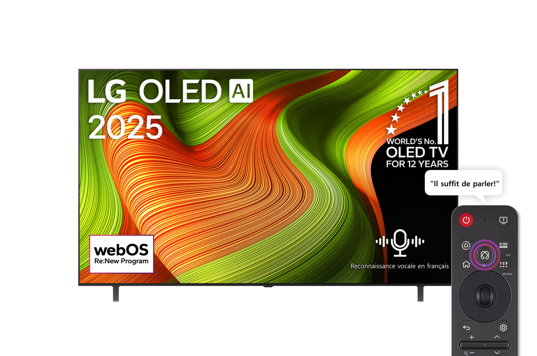 LG Smart TV LG OLED AI B5 4K 83 pouces 120 Hz Télécommande AI Magic Remote webOS25 2025 , Front view of LG OLED evo AI G5 4K Smart TV. 12 Years of world number 1 OLED emblem and LG OLED evo AI 2025 logo are on the screen., OLED83B56LA