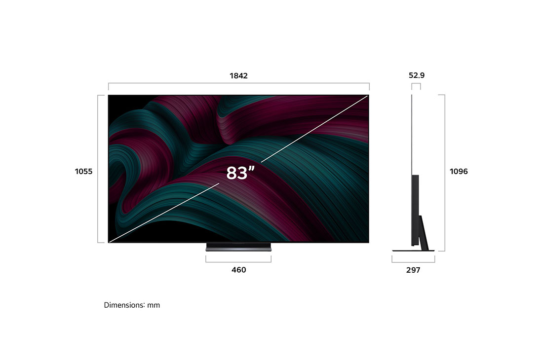 LG Smart TV LG OLED evo AI C5 4K 83 pouces 144 Hz Télécommande AI Magic Remote webOS25 2025 , Vue avant et latérale de la Smart TV LG OLED evo AI C5 4K montrant ses dimensions de longueur, largeur, hauteur et profondeur., OLED83C56LA, thumbnail 4