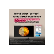 LG Smart TV LG OLED evo AI C5 4K 65&nbsp;pouces 144&nbsp;Hz Télécommande AI Magic Remote webOS25 2025 , LG OLED TV montrant une comparaison visuelle entre un écran avec Couleur et Noir parfaits et un écran sans. Les certifications UL, TÜV et eyesafe sont visibles avec un texte invitant à vérifier les ma, OLED65C56LA, thumbnail 7