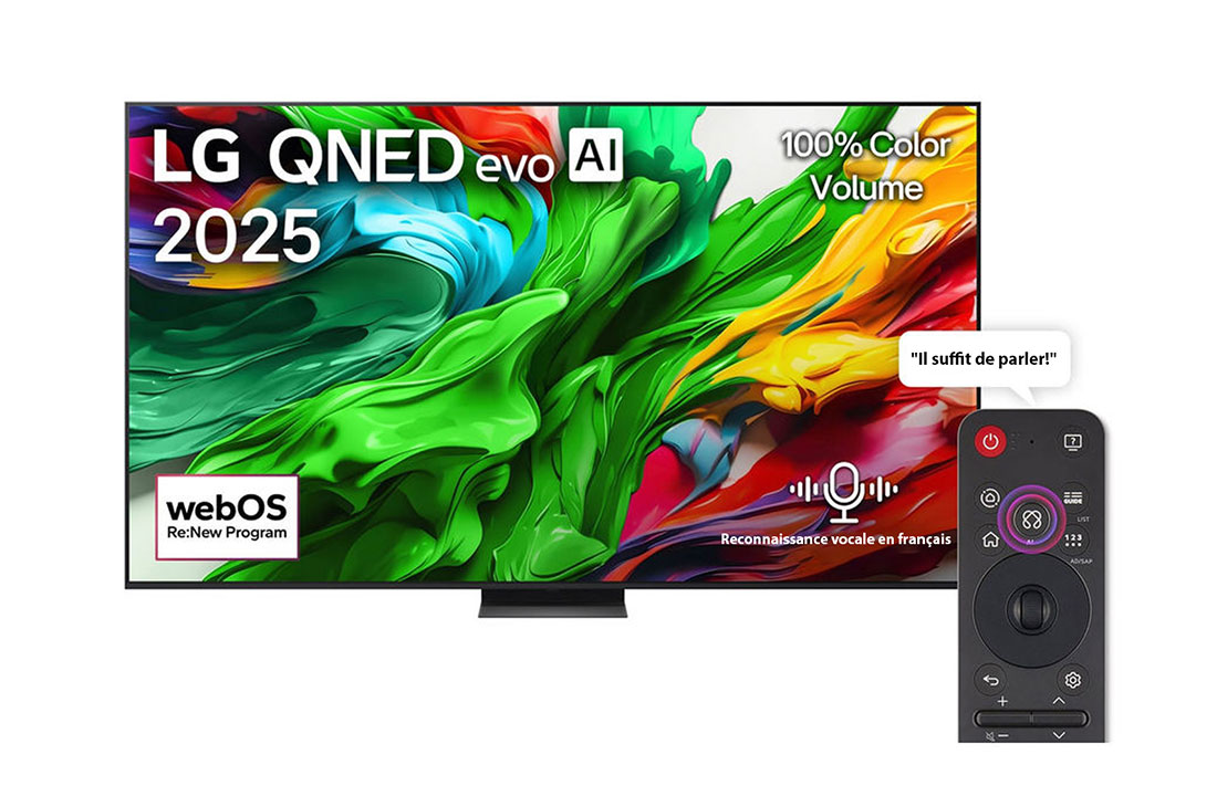 LG Smart TV LG QNED evo AI QNED86 4K 100 pouces 120 Hz Télécommande AI Magic Remote webOS25 2025 , Gros plan d’une LG TV montrant le fonctionnement de la recherche par IA, AI Search. Une petite fenêtre de chat est ouverte, montrant comment l’utilisateur a demandé les jeux de sport disponibles. La r, 100QNED86A6