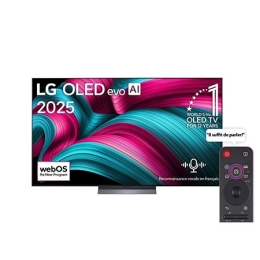 Vue avant de la Smart TV LG OLED evo AI C5 4K. L’emblème OLED numéro 1 dans le monde pendant 12&nbsp;ans et le logo LG OLED evo AI 2025 sont à l’écran.