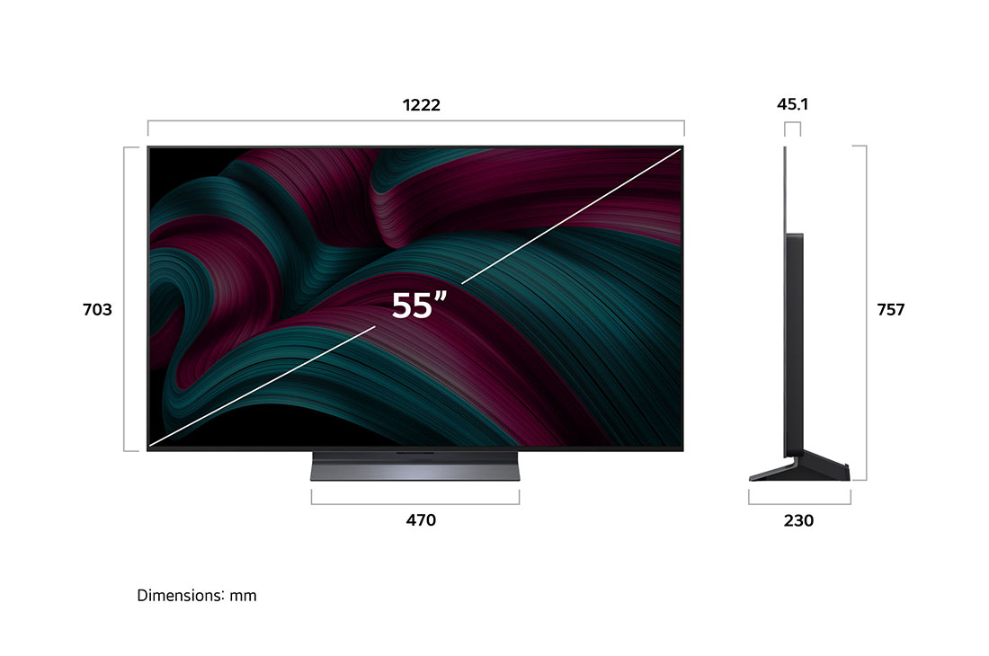 LG Smart TV LG OLED evo AI C5 4K 55 pouces 144 Hz Télécommande AI Magic Remote webOS25 2025 , Vue avant et latérale de la Smart TV LG OLED evo AI C5 4K montrant ses dimensions de longueur, largeur, hauteur et profondeur., OLED55C56LA, thumbnail 4